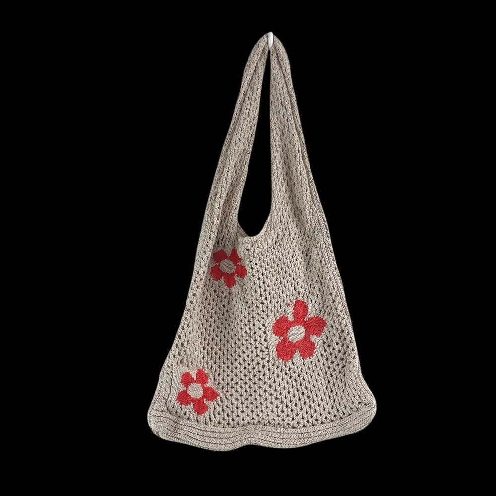 Beige‎ Crochet Floral Tote Bag Red Flower Open Knit Boho Shoulder Bag Viscose